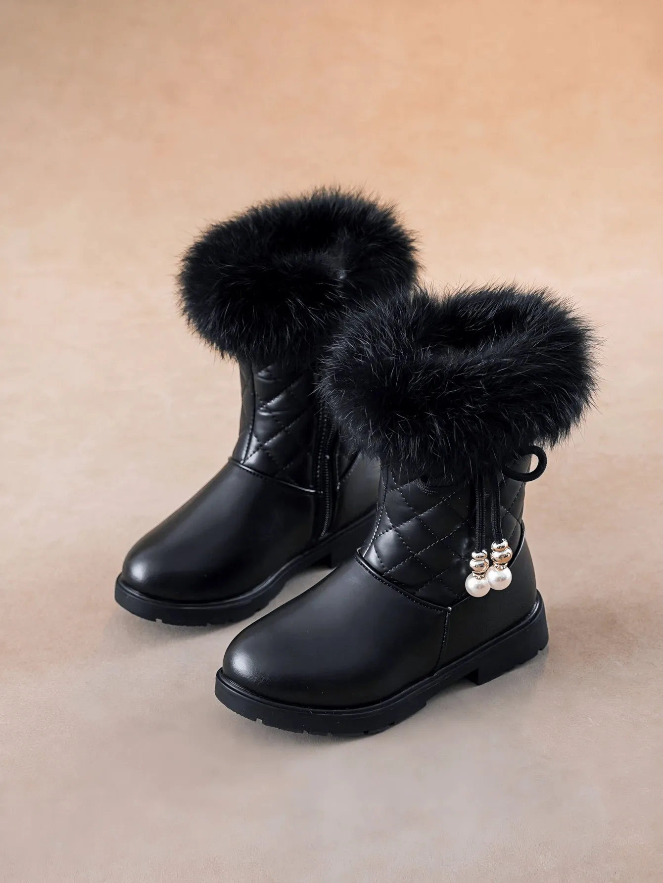 1pair Girls Cute Bowknot Lace-Up Side High Top Flat Boots, Warm Thick Plush Lining, Suitable For Winter