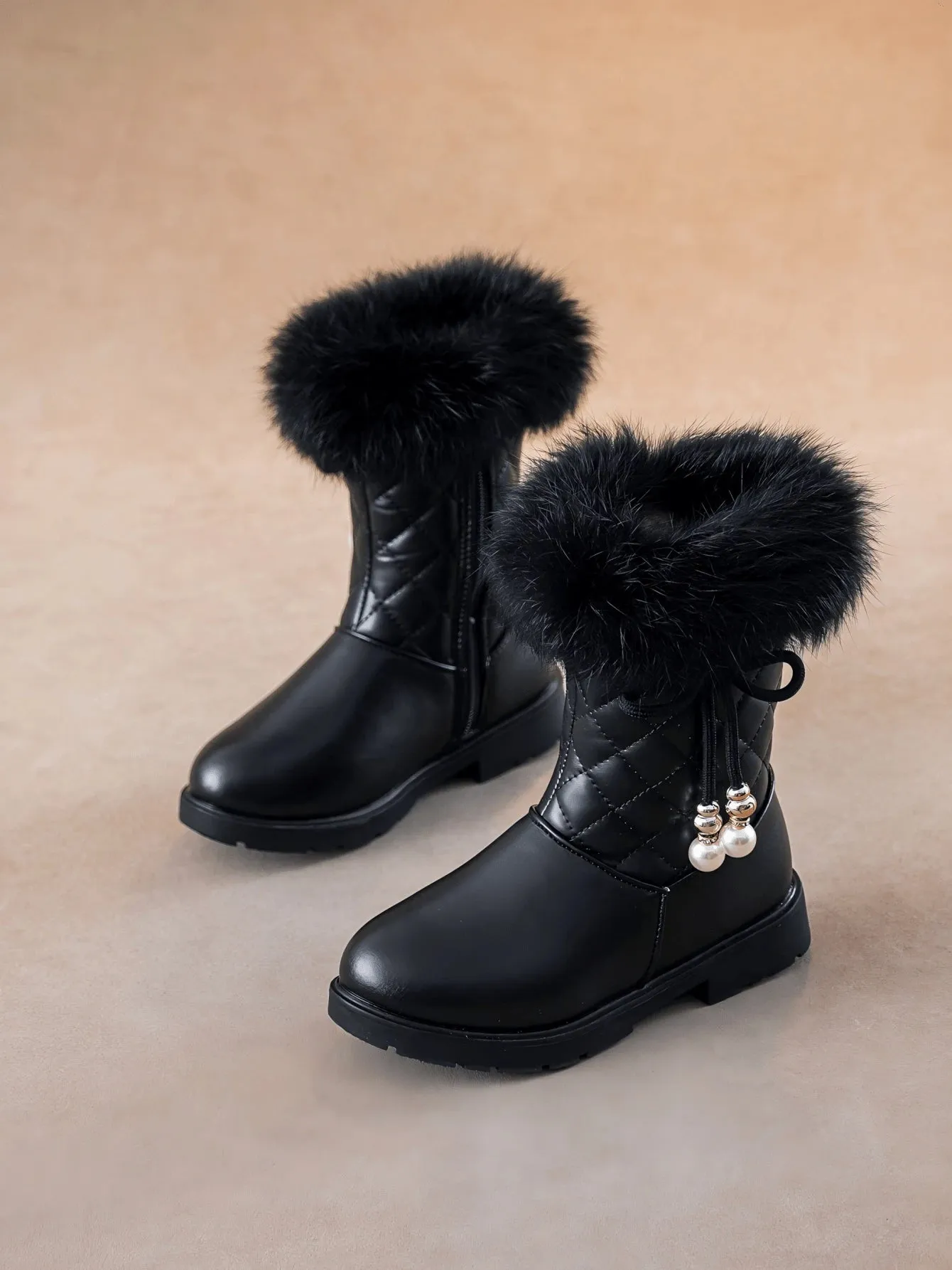 1pair Girls Cute Bowknot Lace-Up Side High Top Flat Boots, Warm Thick Plush Lining, Suitable For Winter