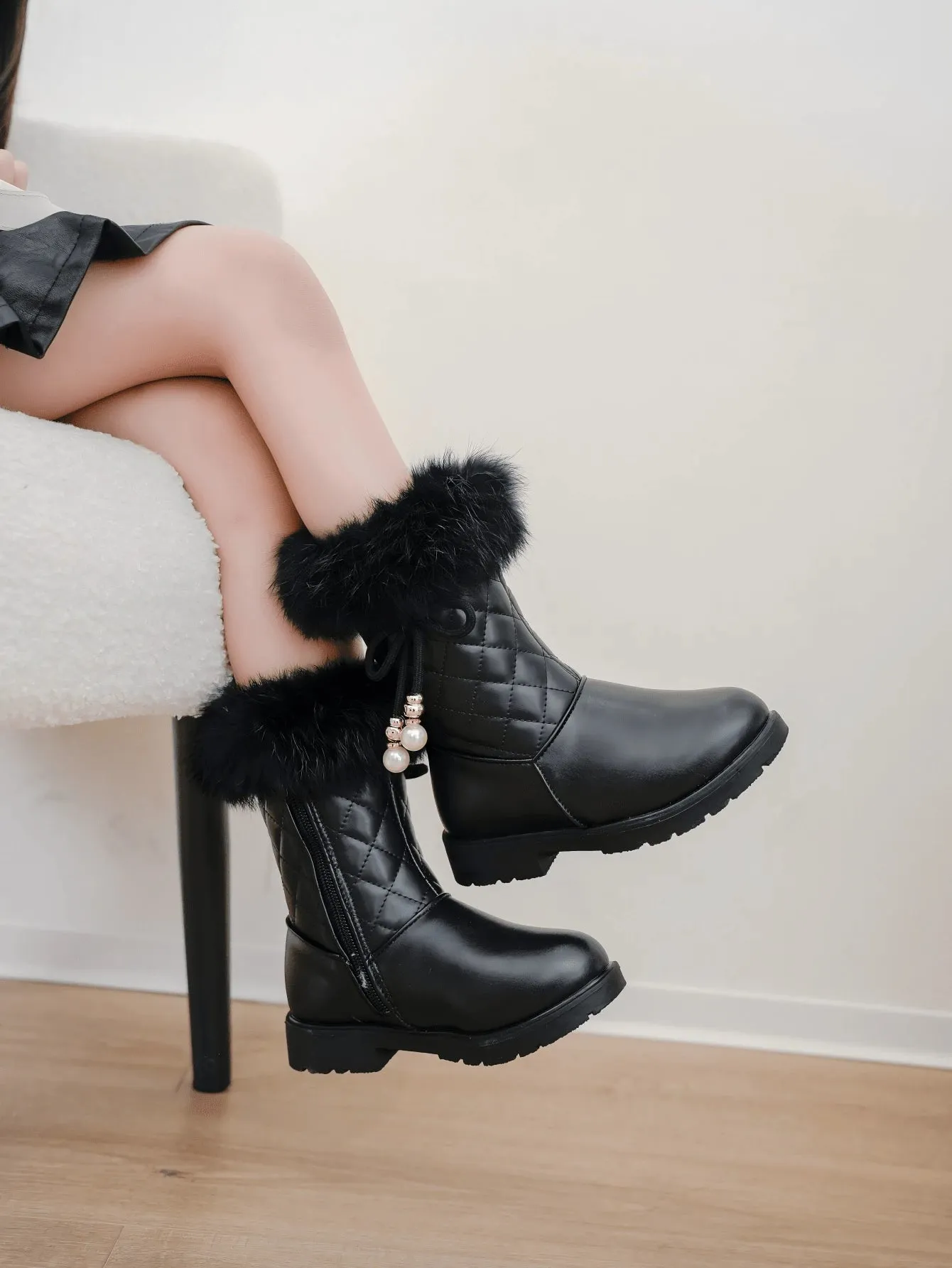 1pair Girls Cute Bowknot Lace-Up Side High Top Flat Boots, Warm Thick Plush Lining, Suitable For Winter