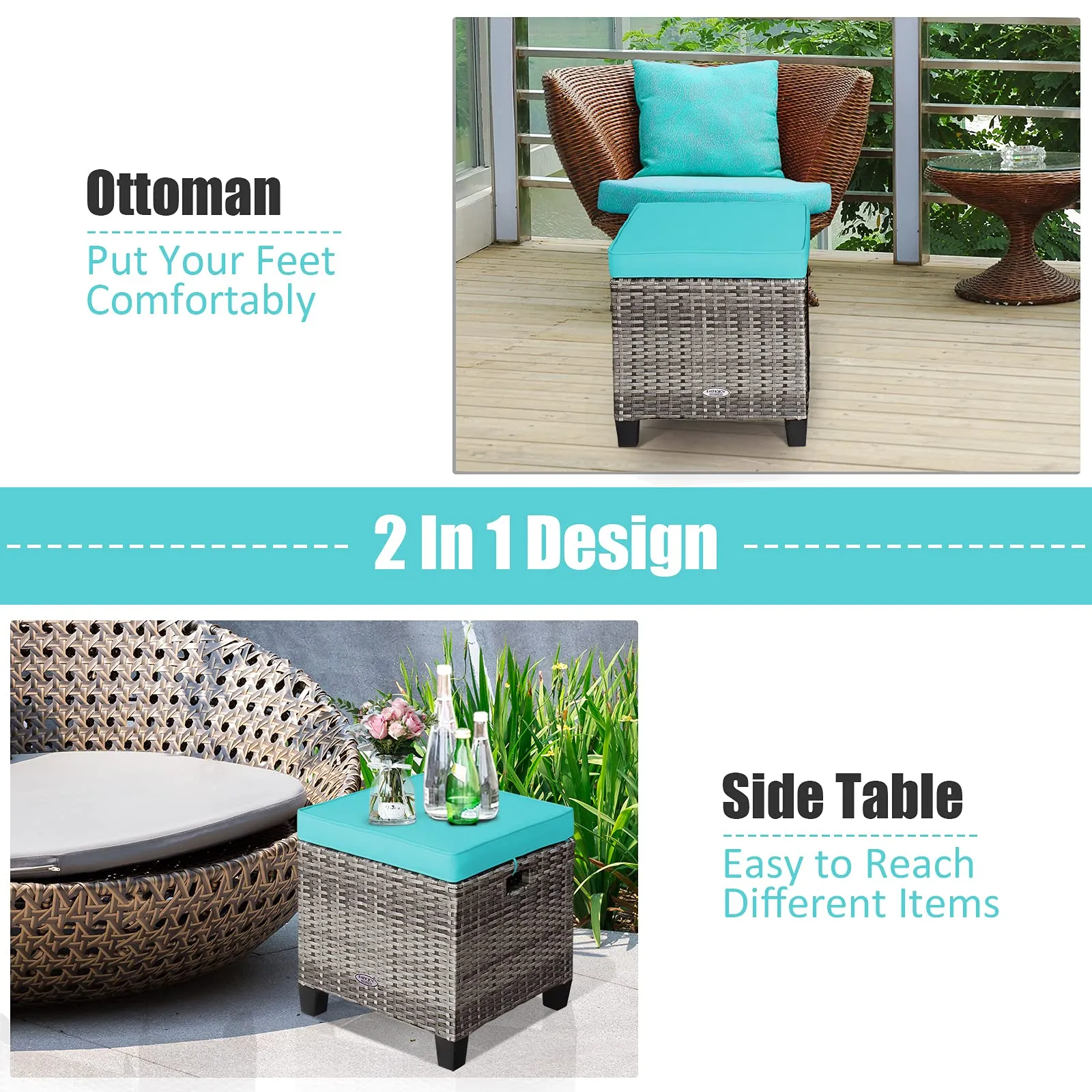 2 Pieces Patio Rattan Ottomans, Outdoor Wicker Footstool Footrest Seat with Soft Cushions and Steel Frame