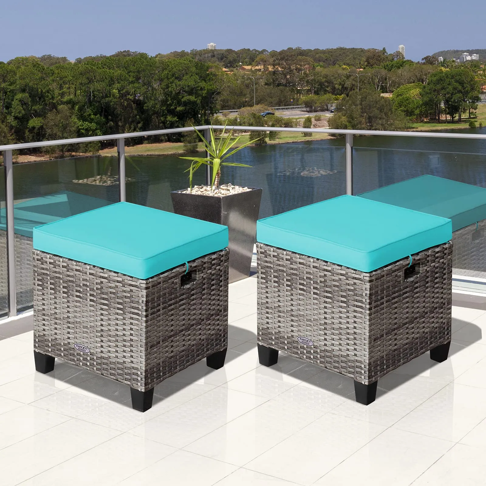 2 Pieces Patio Rattan Ottomans, Outdoor Wicker Footstool Footrest Seat with Soft Cushions and Steel Frame