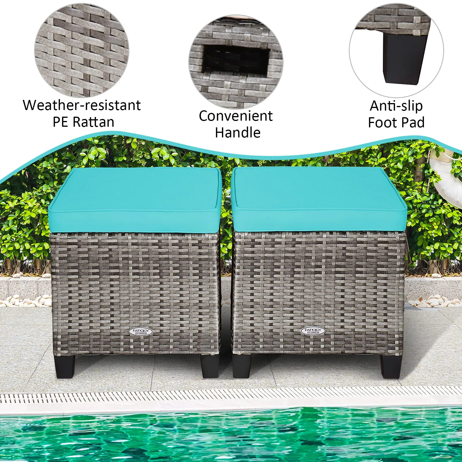 2 Pieces Patio Rattan Ottomans, Outdoor Wicker Footstool Footrest Seat with Soft Cushions and Steel Frame
