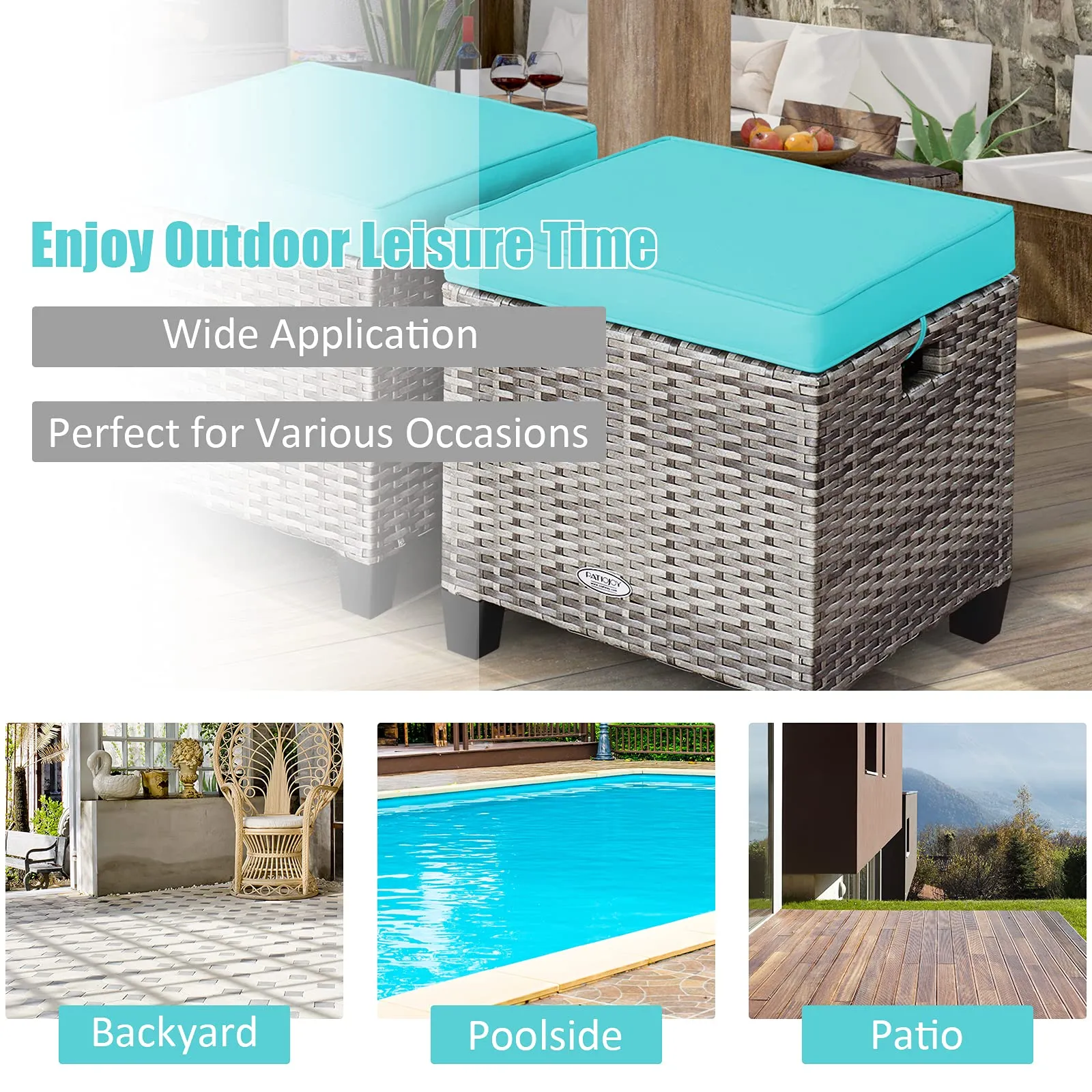 2 Pieces Patio Rattan Ottomans, Outdoor Wicker Footstool Footrest Seat with Soft Cushions and Steel Frame