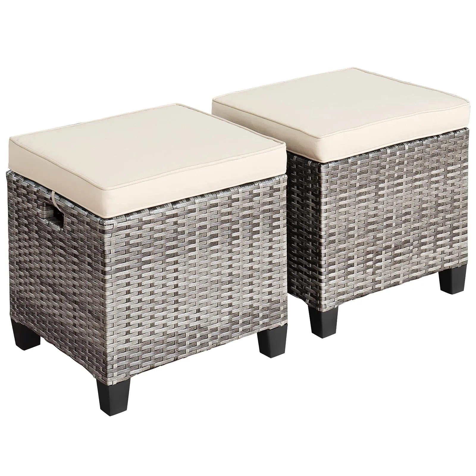 2 Pieces Patio Rattan Ottomans, Outdoor Wicker Footstool Footrest Seat with Soft Cushions and Steel Frame
