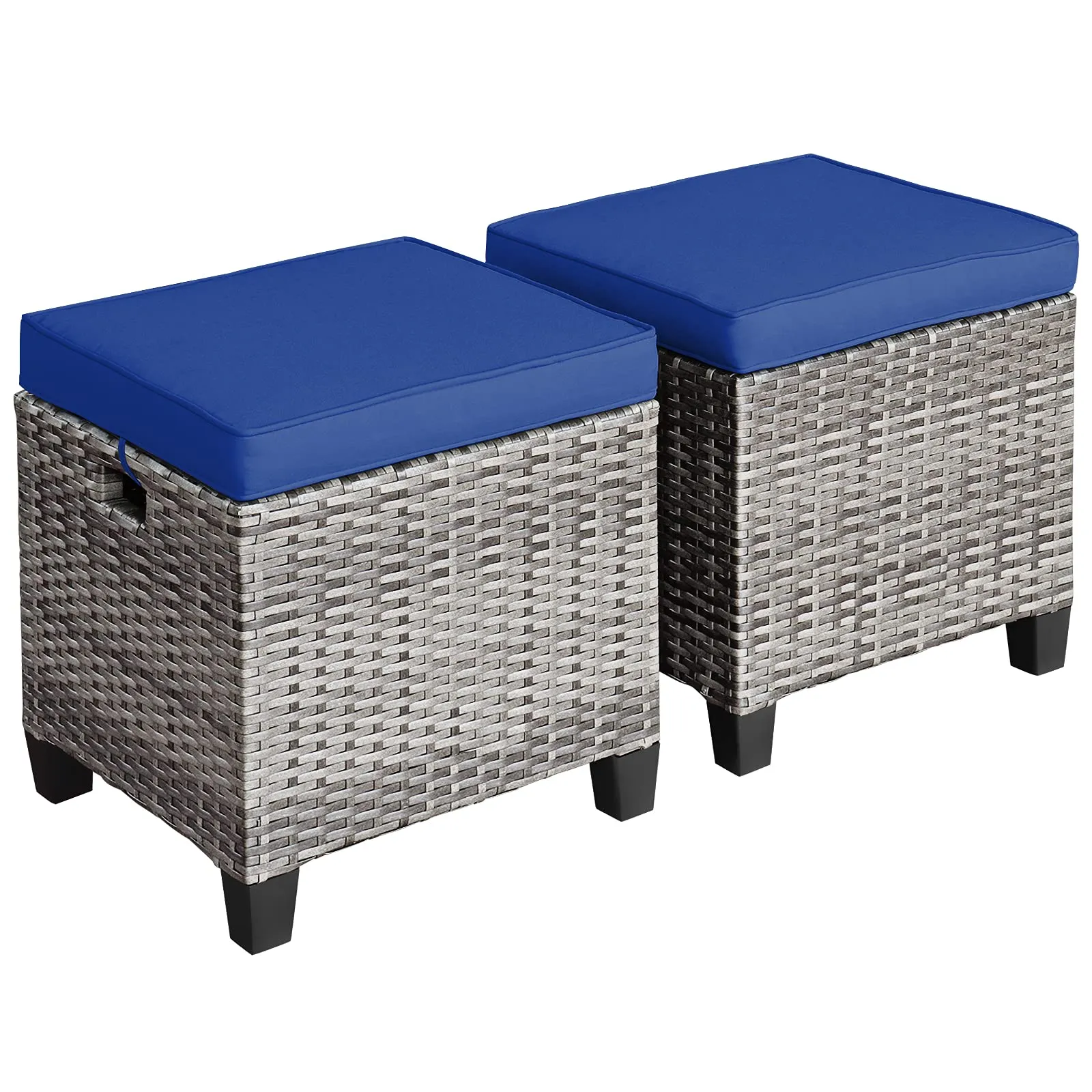 2 Pieces Patio Rattan Ottomans, Outdoor Wicker Footstool Footrest Seat with Soft Cushions and Steel Frame