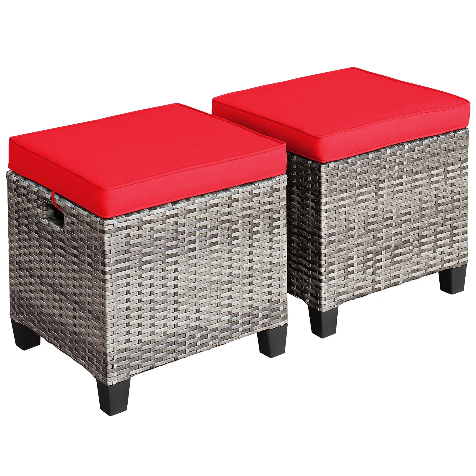 2 Pieces Patio Rattan Ottomans, Outdoor Wicker Footstool Footrest Seat with Soft Cushions and Steel Frame