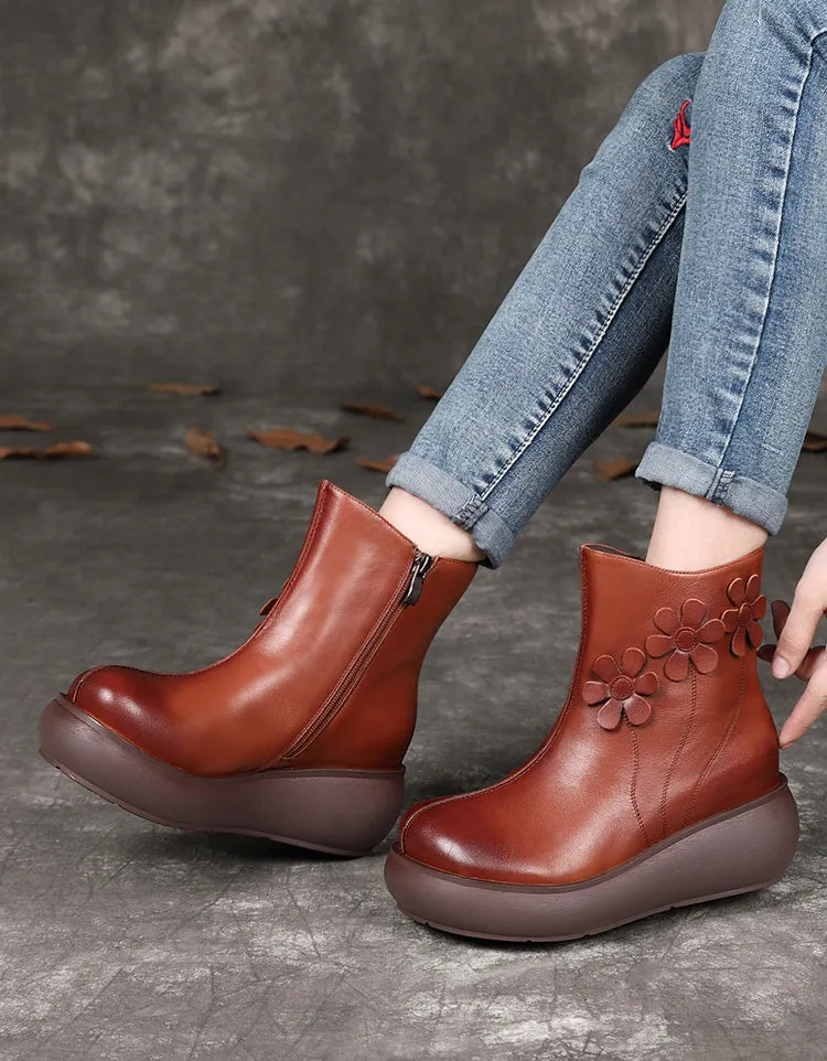 Autumn Winter Handmade Retro Flower Wedge Boots