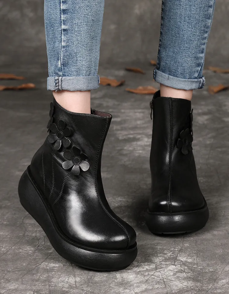 Autumn Winter Handmade Retro Flower Wedge Boots
