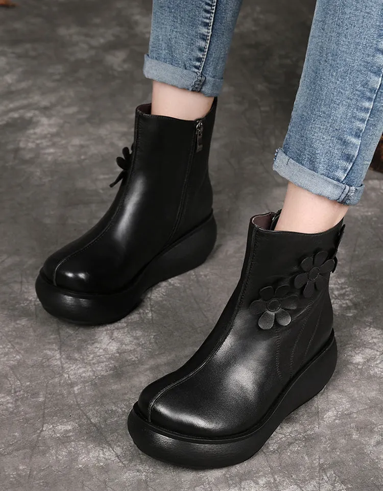 Autumn Winter Handmade Retro Flower Wedge Boots
