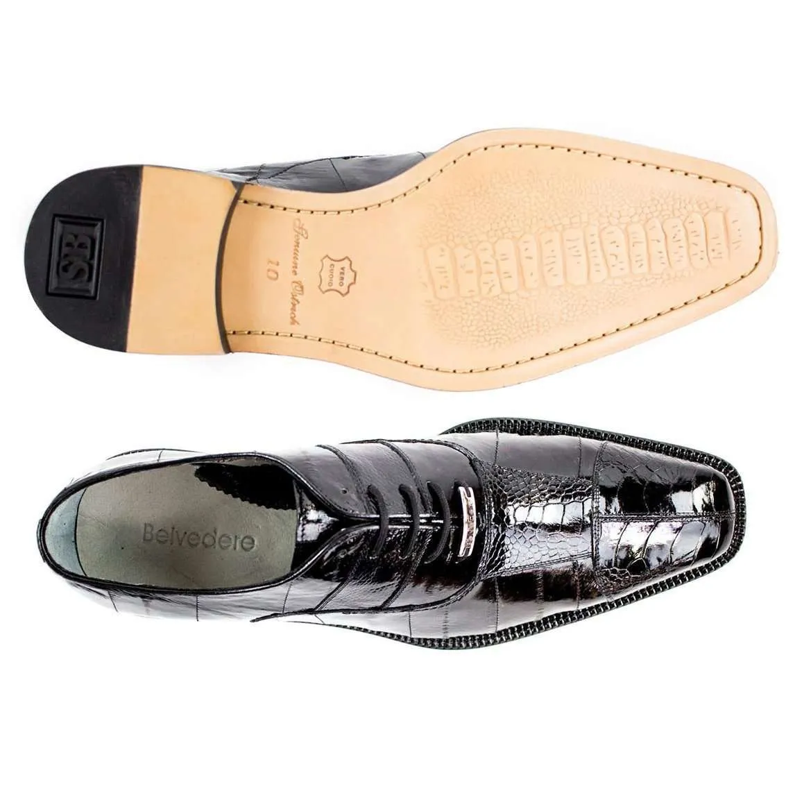 Belvedere Designer Shoes Men's Mare Black Genuine Ostrich & Eel Oxfords 2P7 (BV2325)