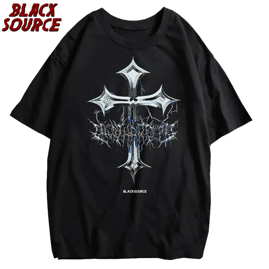Black Source Oversize Fashion Men’s Graphic T-Shirt | Acid Wash Streetwear | Vintage High Street Cross Pattern Tee