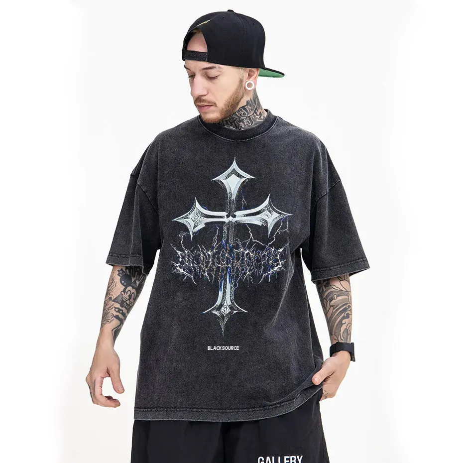 Black Source Oversize Fashion Men’s Graphic T-Shirt | Acid Wash Streetwear | Vintage High Street Cross Pattern Tee