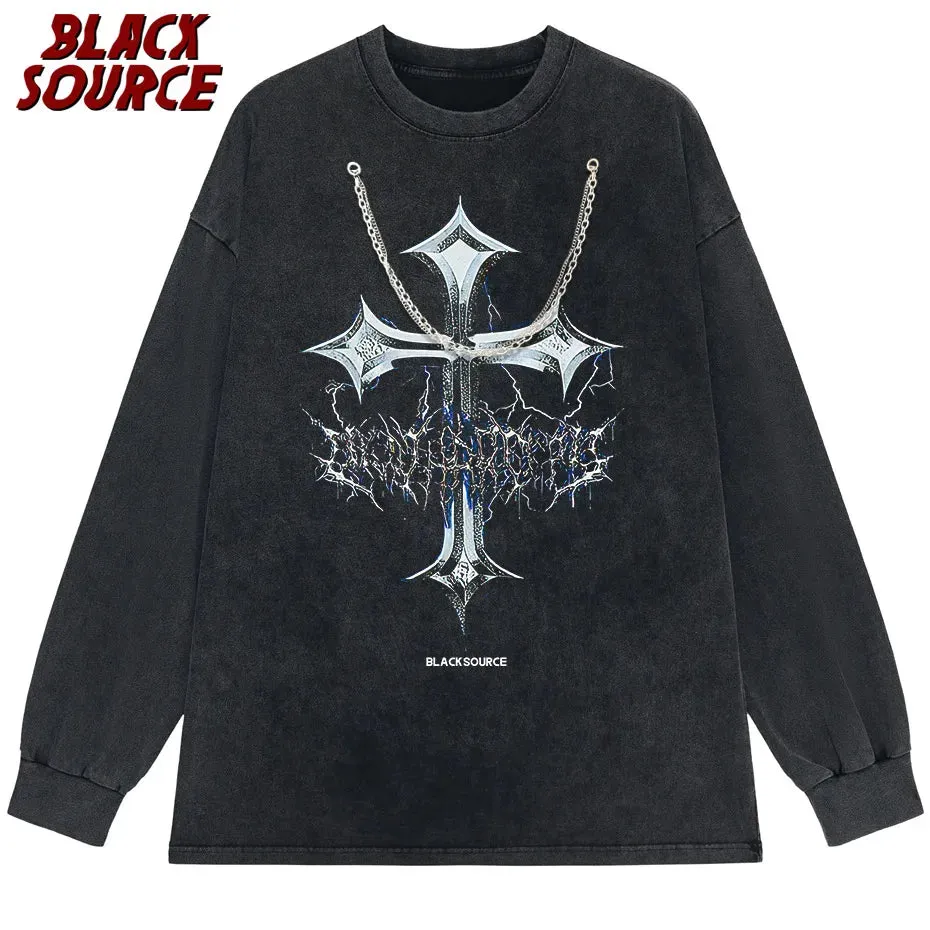 Black Source Oversize Fashion Men’s Graphic T-Shirt | Acid Wash Streetwear | Vintage High Street Cross Pattern Tee