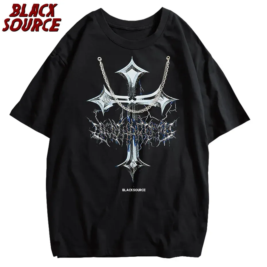 Black Source Oversize Fashion Men’s Graphic T-Shirt | Acid Wash Streetwear | Vintage High Street Cross Pattern Tee