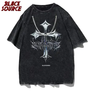 Black Source Oversize Fashion Men’s Graphic T-Shirt | Acid Wash Streetwear | Vintage High Street Cross Pattern Tee