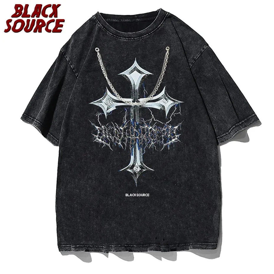 Black Source Oversize Fashion Men’s Graphic T-Shirt | Acid Wash Streetwear | Vintage High Street Cross Pattern Tee