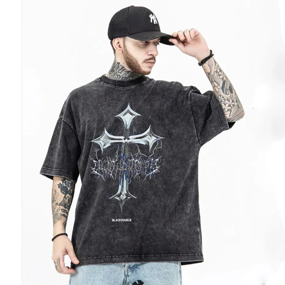 Black Source Oversize Fashion Men’s Graphic T-Shirt | Acid Wash Streetwear | Vintage High Street Cross Pattern Tee