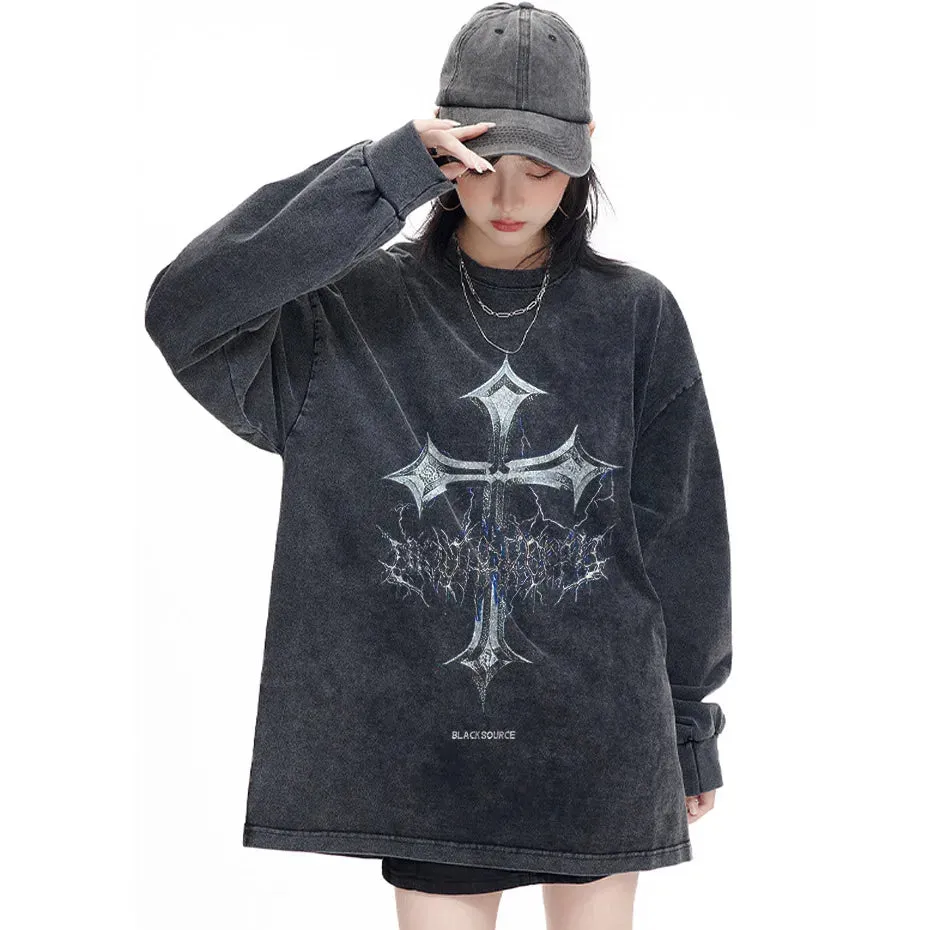 Black Source Oversize Fashion Men’s Graphic T-Shirt | Acid Wash Streetwear | Vintage High Street Cross Pattern Tee