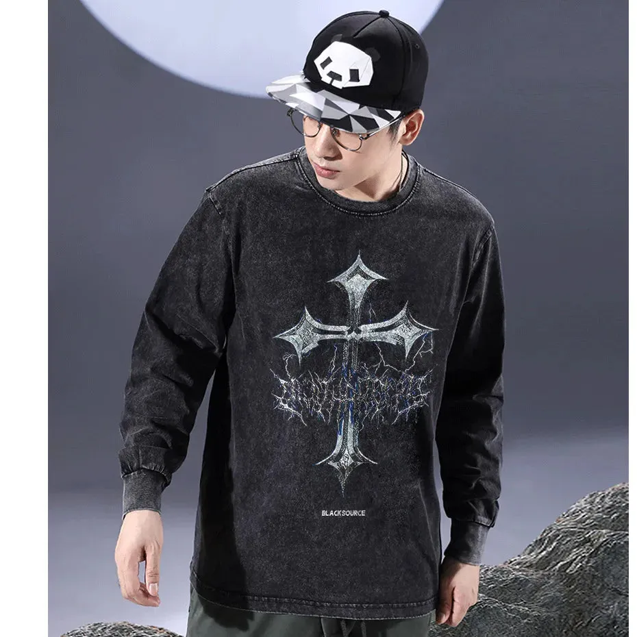 Black Source Oversize Fashion Men’s Graphic T-Shirt | Acid Wash Streetwear | Vintage High Street Cross Pattern Tee