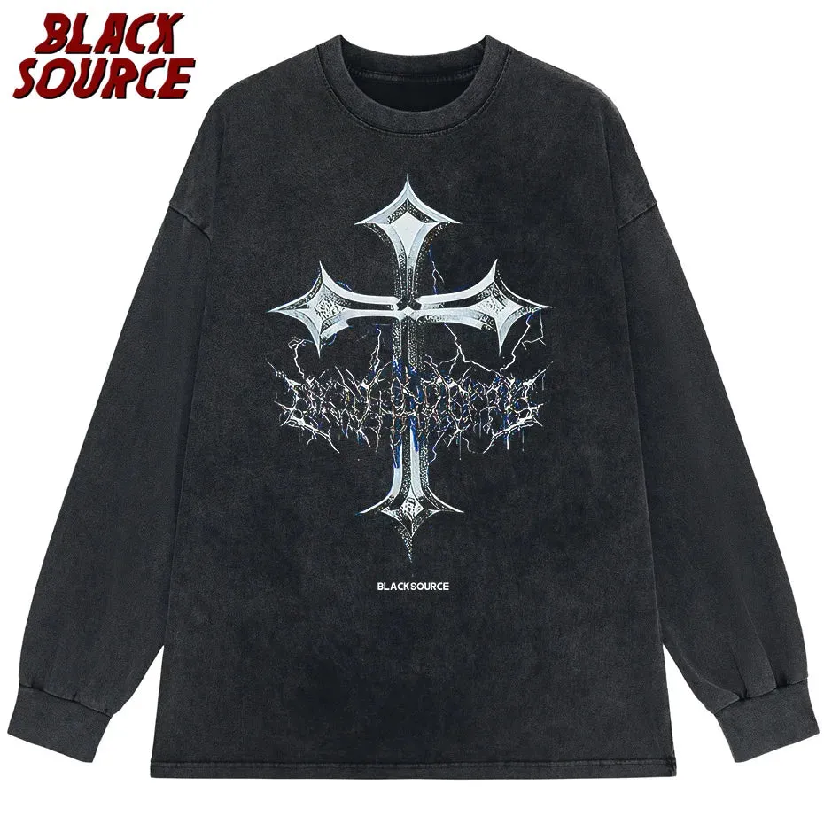 Black Source Oversize Fashion Men’s Graphic T-Shirt | Acid Wash Streetwear | Vintage High Street Cross Pattern Tee