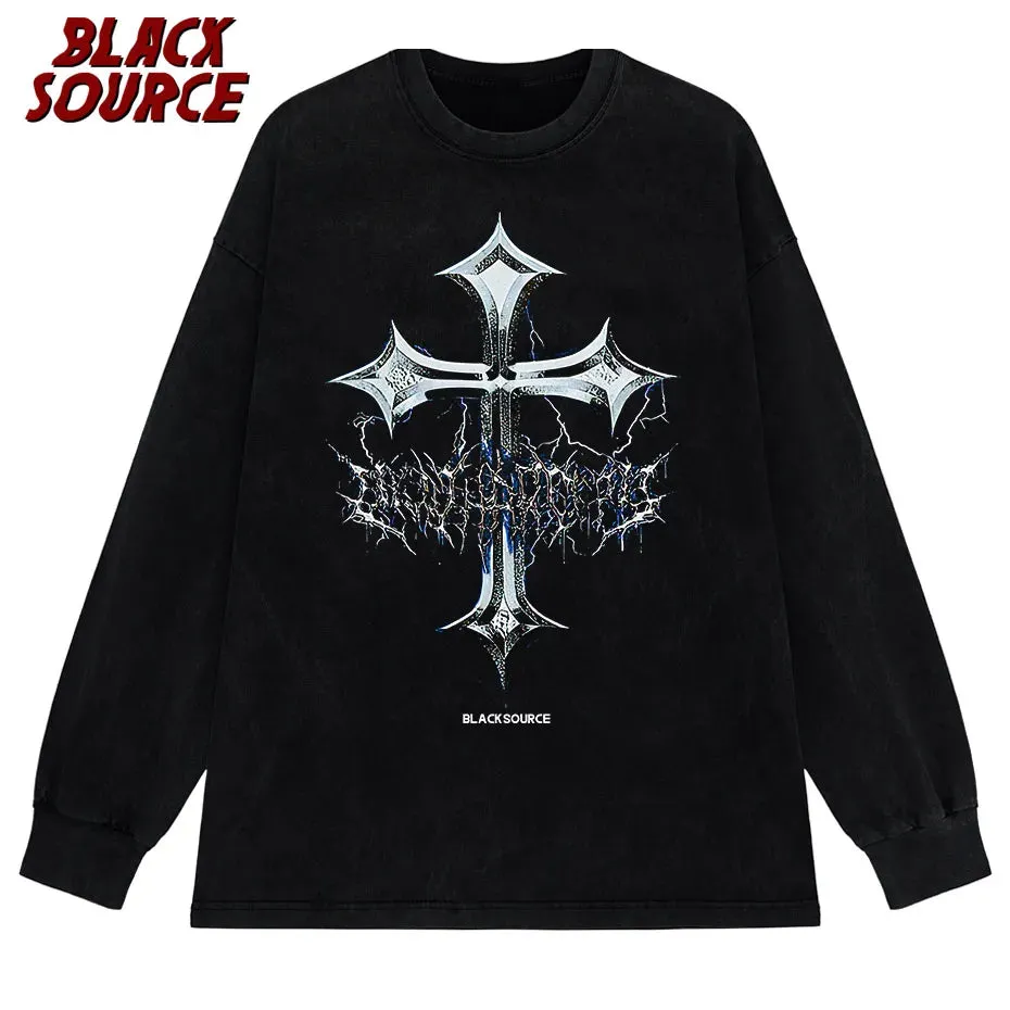 Black Source Oversize Fashion Men’s Graphic T-Shirt | Acid Wash Streetwear | Vintage High Street Cross Pattern Tee