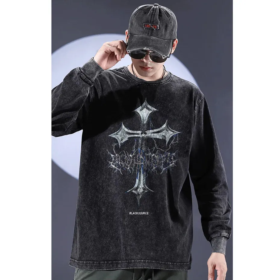Black Source Oversize Fashion Men’s Graphic T-Shirt | Acid Wash Streetwear | Vintage High Street Cross Pattern Tee