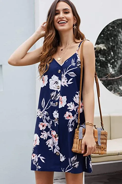 Blue Women Summer Spaghetti Strap Button Down V Neck Sleeveless Casual Mini Dress - AlvaQ