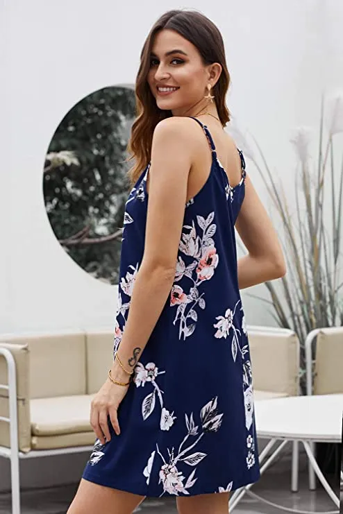 Blue Women Summer Spaghetti Strap Button Down V Neck Sleeveless Casual Mini Dress - AlvaQ