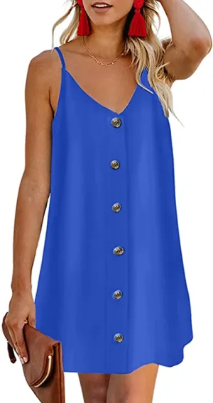 Blue Women Summer Spaghetti Strap Button Down V Neck Sleeveless Casual Mini Dress - AlvaQ