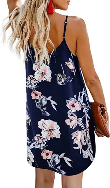 Blue Women Summer Spaghetti Strap Button Down V Neck Sleeveless Casual Mini Dress - AlvaQ