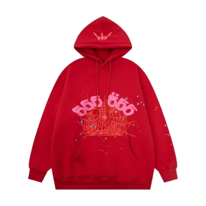 Bold Red Sp5der Hoodie - Trendy Web and Star Print Hooded Sweatshirt