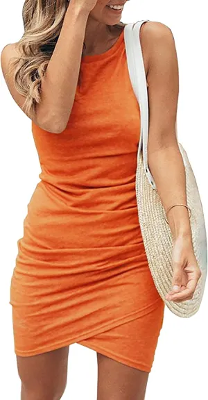 Bright Orange Women Casual Dress Crew Neck Ruched Summer Sleeveless Tank Bodycon Shirt Short Mini Dresses - BTFBM