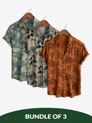 Bundle Of 3 | Men's Floral Print Vintage Flower Holiday Breathable Short Sleeve Shirts