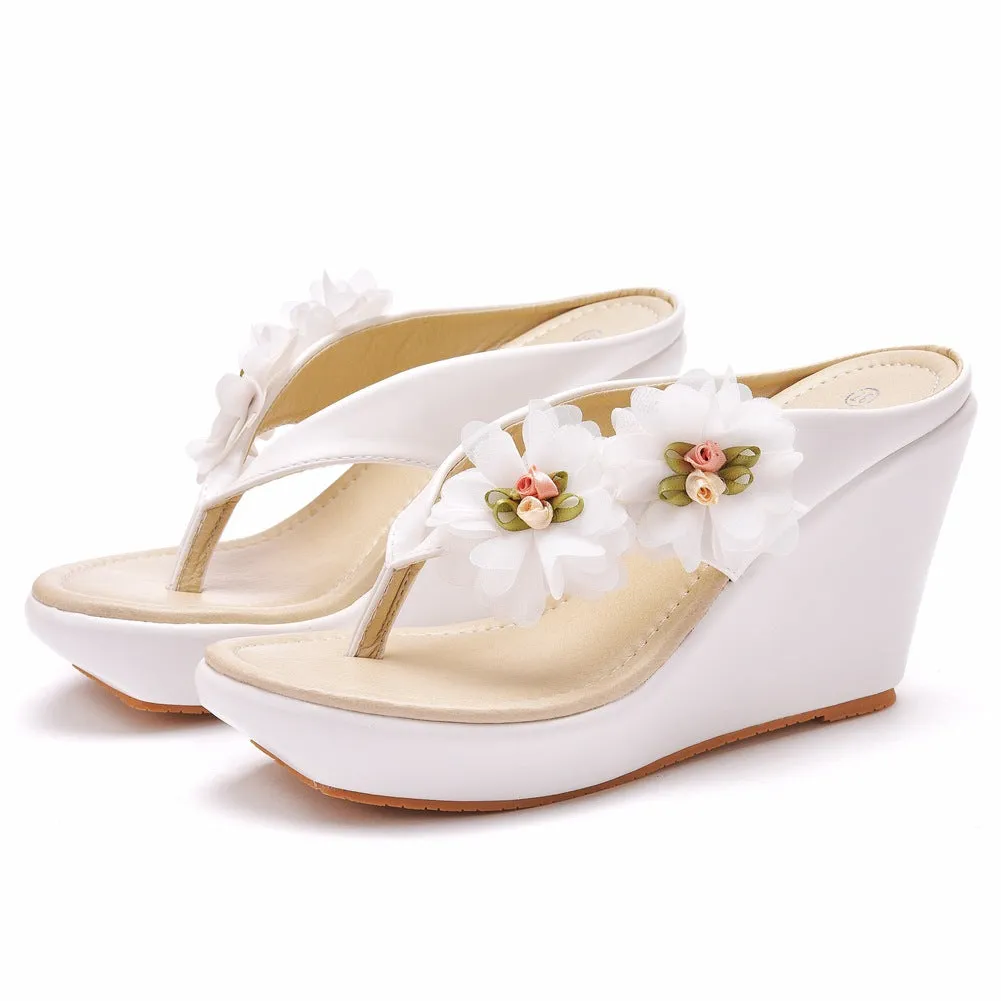 Casual Flower Decor Flip-Flop Wedge Heels Sandals