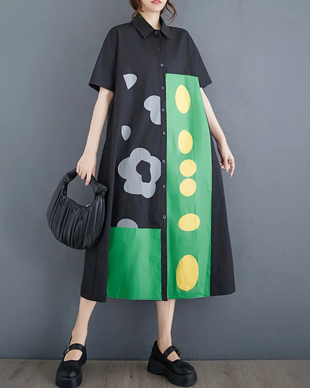 ellazhu Women's Dress Loose Color Block Short Sleeve Button Down Mock Neck Shirt Dots Flower GZ211
