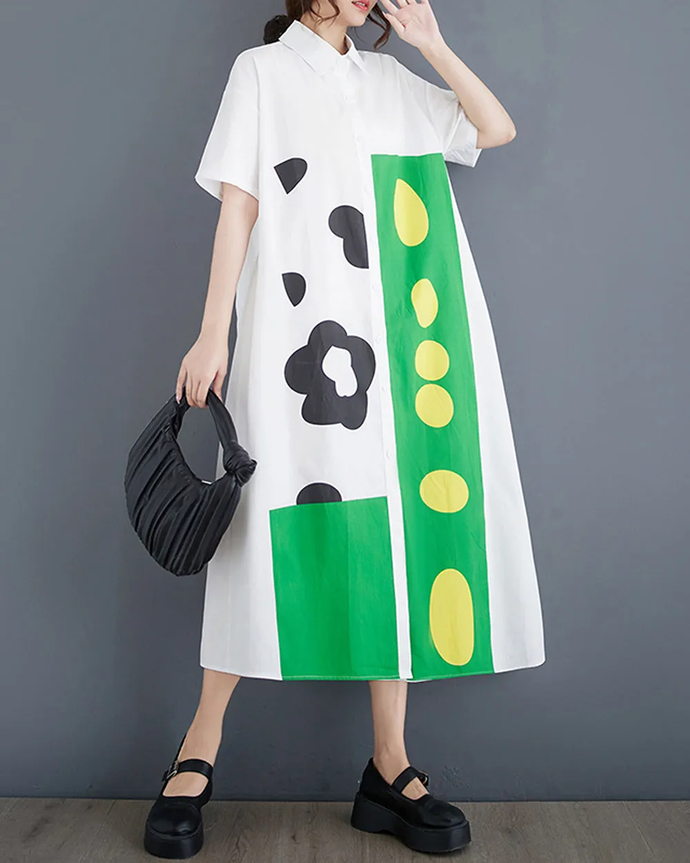 ellazhu Women's Dress Loose Color Block Short Sleeve Button Down Mock Neck Shirt Dots Flower GZ211