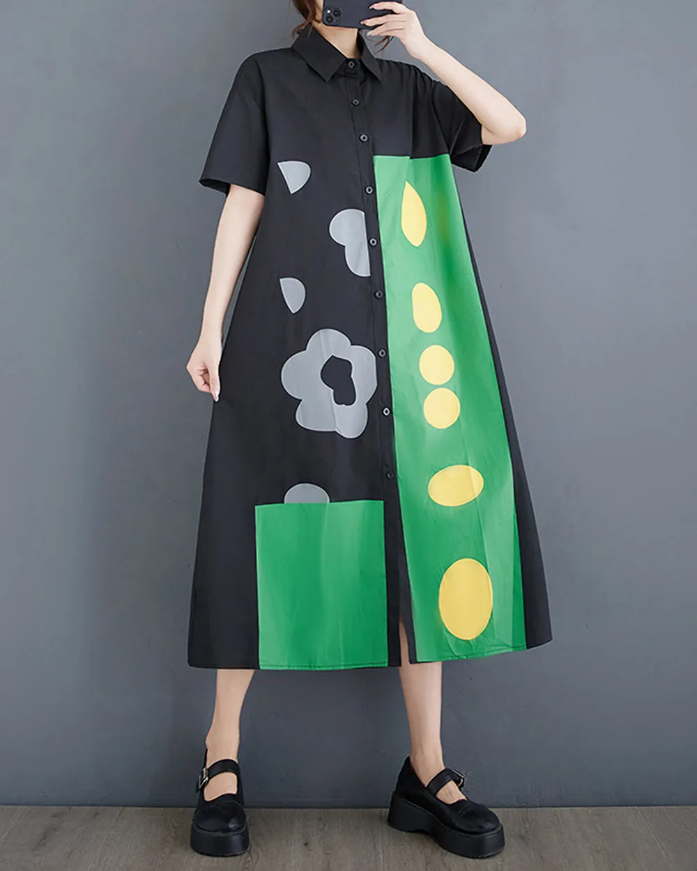 ellazhu Women's Dress Loose Color Block Short Sleeve Button Down Mock Neck Shirt Dots Flower GZ211