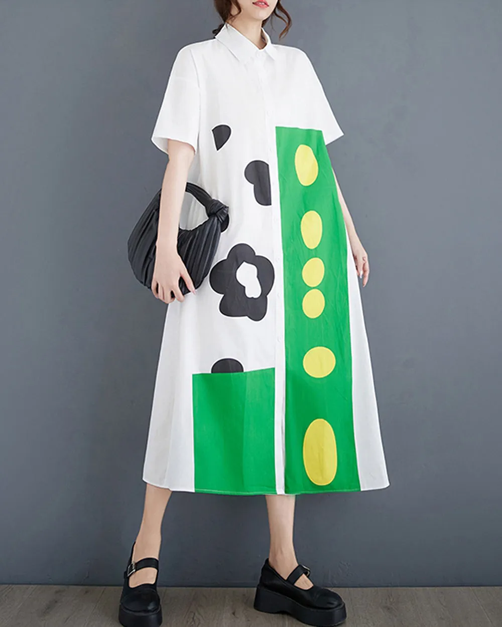 ellazhu Women's Dress Loose Color Block Short Sleeve Button Down Mock Neck Shirt Dots Flower GZ211