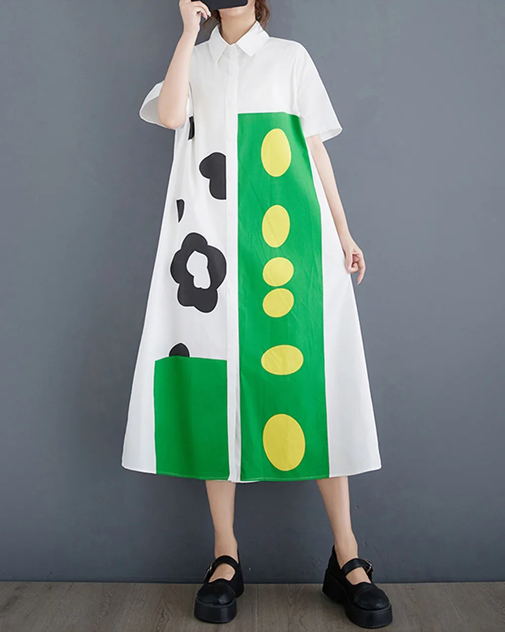 ellazhu Women's Dress Loose Color Block Short Sleeve Button Down Mock Neck Shirt Dots Flower GZ211