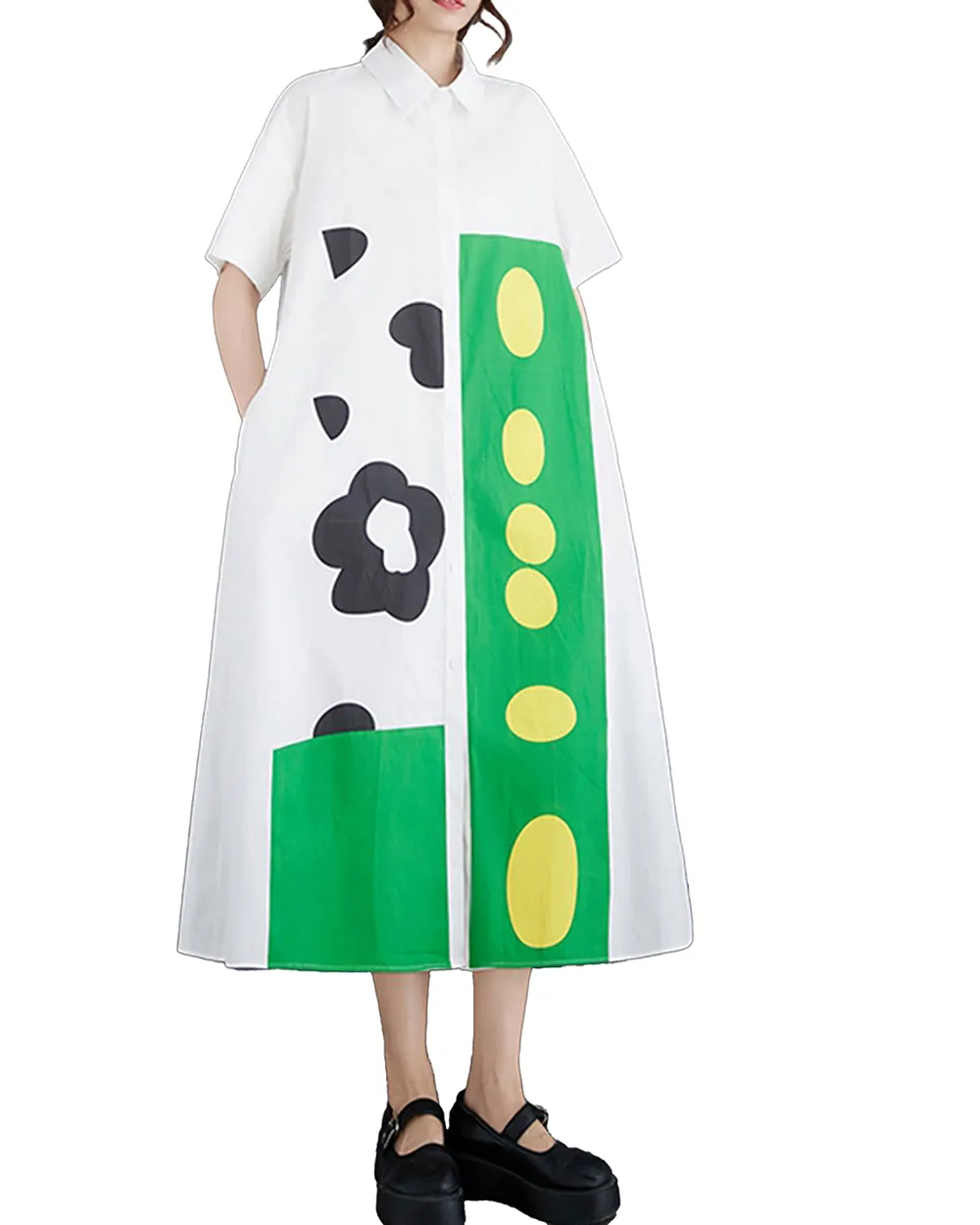 ellazhu Women's Dress Loose Color Block Short Sleeve Button Down Mock Neck Shirt Dots Flower GZ211
