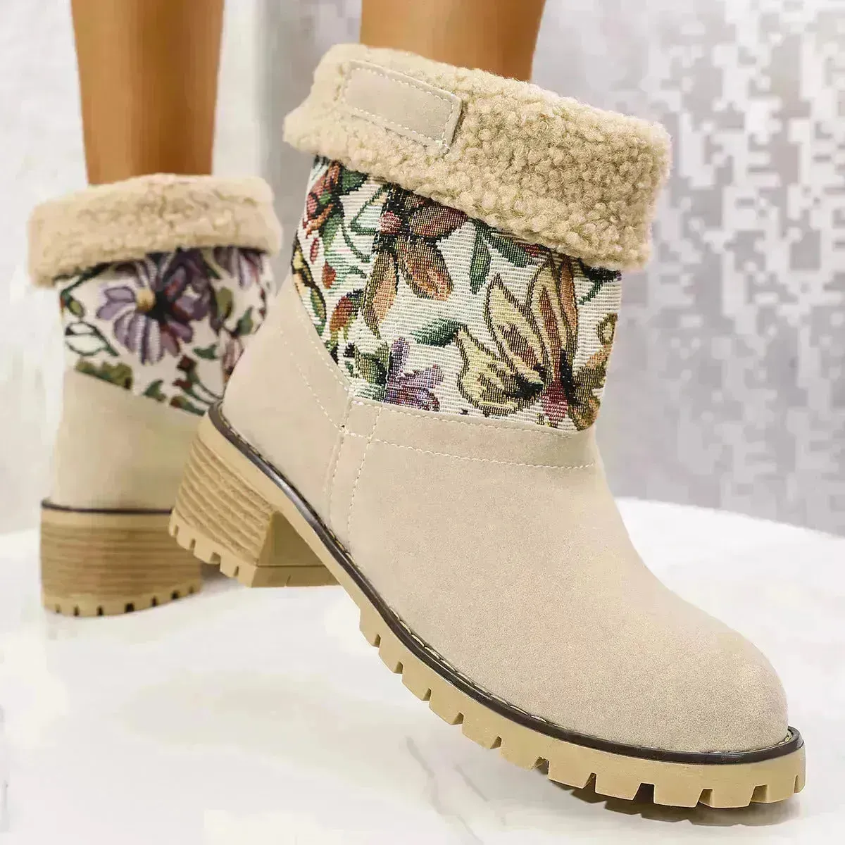 Flowers Embroidered Snow Boots Ethnic Style Platform Thick Square Heel Mid-tube Boot Winter Warm Cotton Shoes For Women