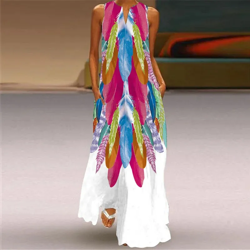 Fresh Floral Print Summer Open Neck Long Dress V-neck Sleeveless Beach Dress with Pockets