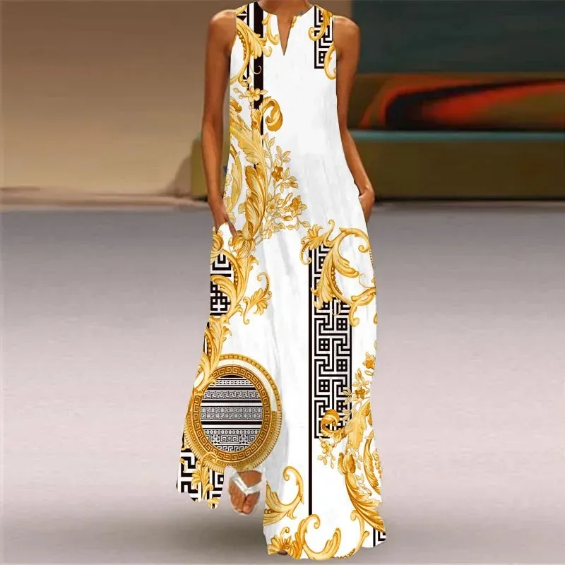 Fresh Floral Print Summer Open Neck Long Dress V-neck Sleeveless Beach Dress with Pockets