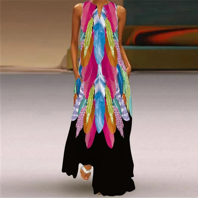 Fresh Floral Print Summer Open Neck Long Dress V-neck Sleeveless Beach Dress with Pockets