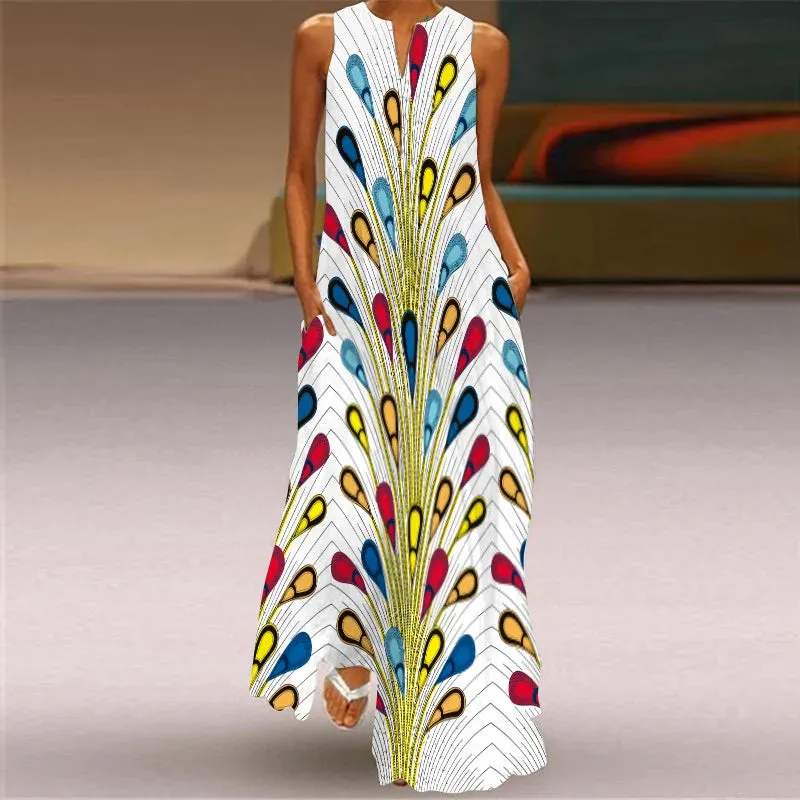 Fresh Floral Print Summer Open Neck Long Dress V-neck Sleeveless Beach Dress with Pockets