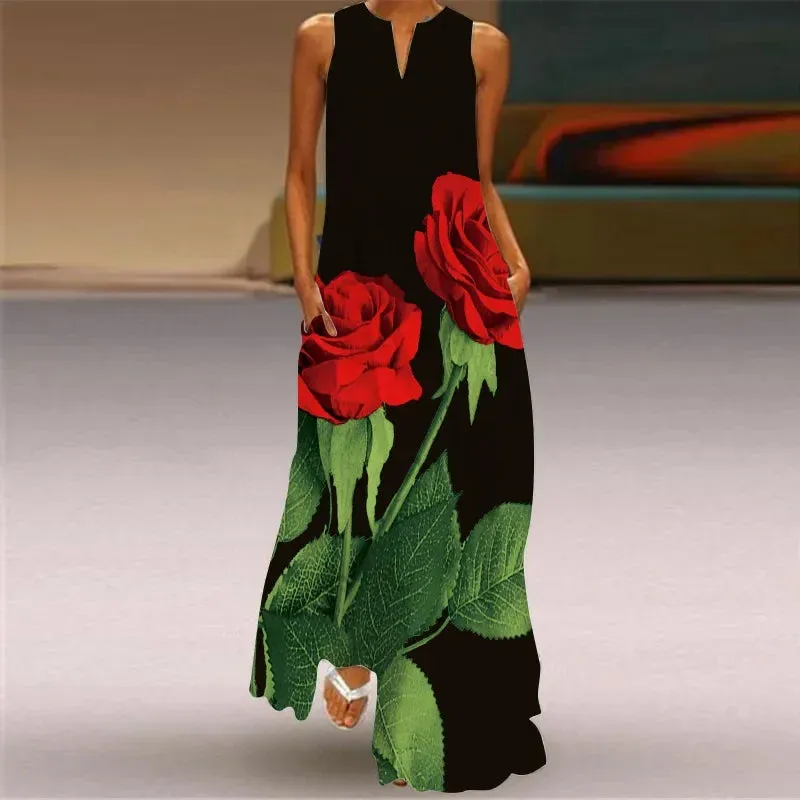 Fresh Floral Print Summer Open Neck Long Dress V-neck Sleeveless Beach Dress with Pockets
