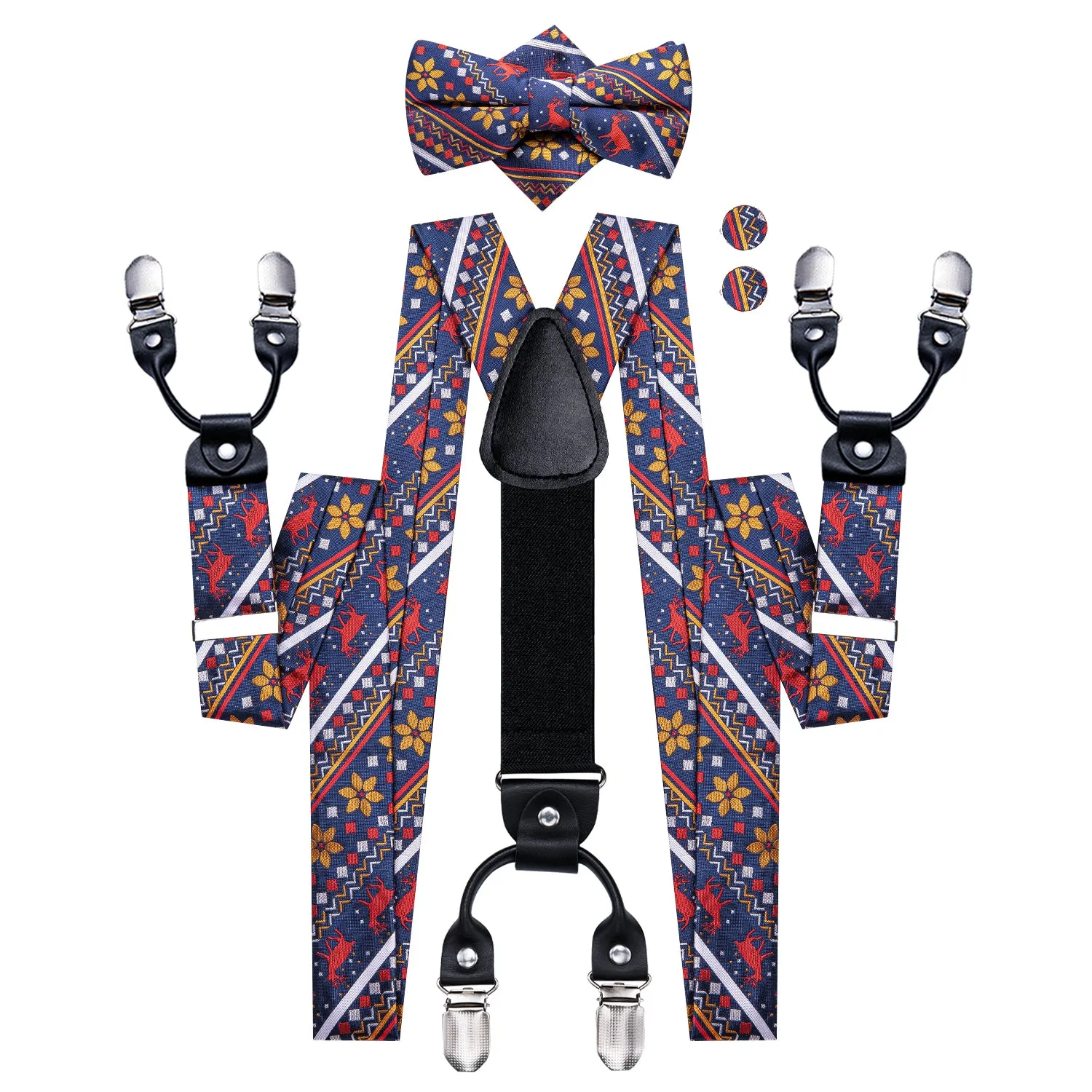 Hi-Tie Blue Red Christmas Novelty Suspender Bowtie Hanky Cufflinks Set
