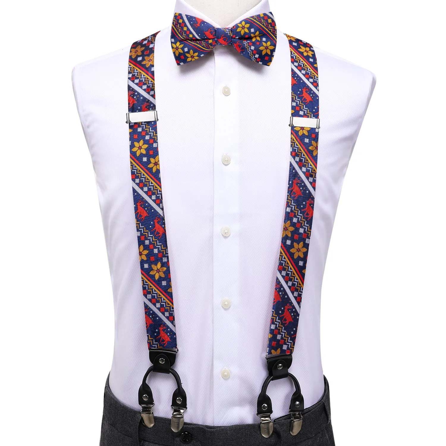 Hi-Tie Blue Red Christmas Novelty Suspender Bowtie Hanky Cufflinks Set