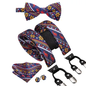 Hi-Tie Blue Red Christmas Novelty Suspender Bowtie Hanky Cufflinks Set