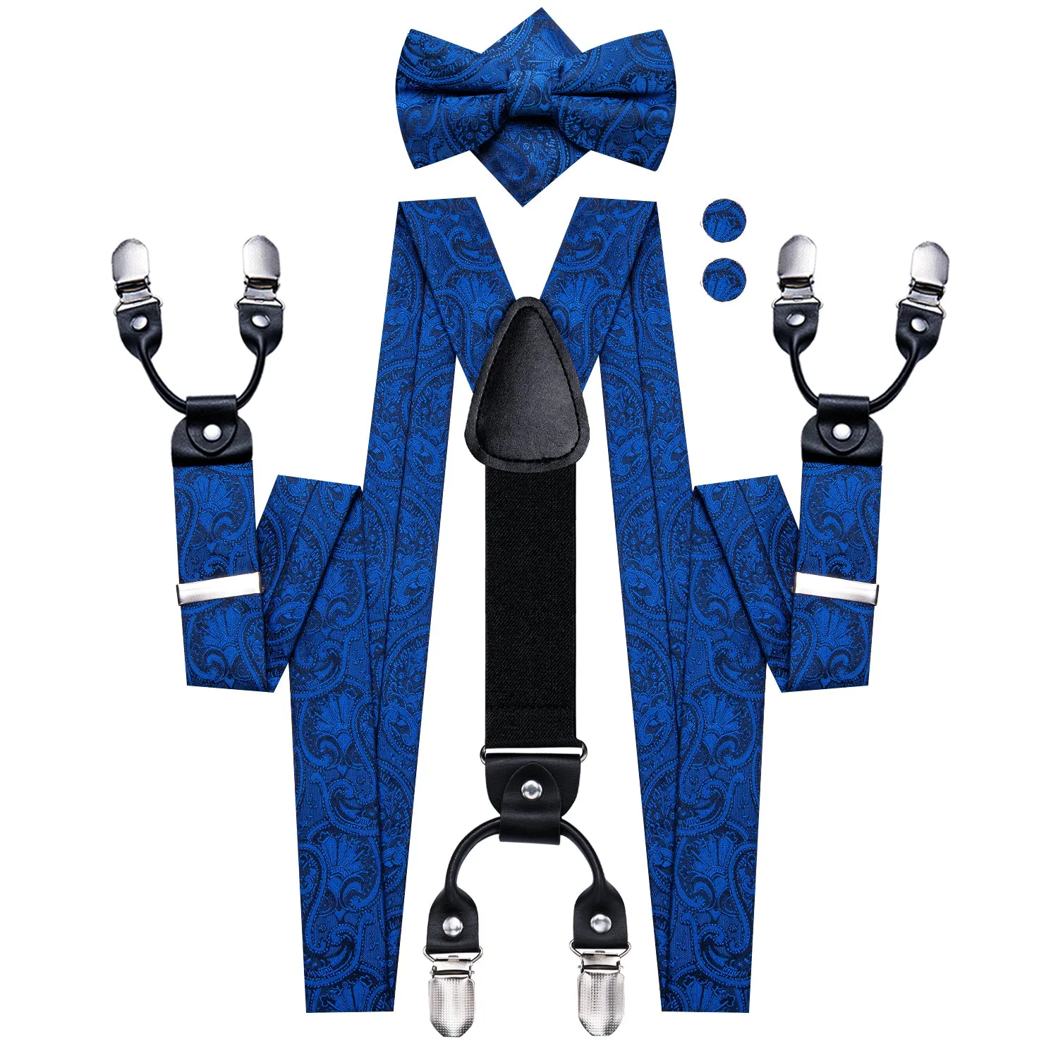 Hi-Tie Deep Blue Paisley Novelty Suspender Bowtie Hanky Cufflinks Set